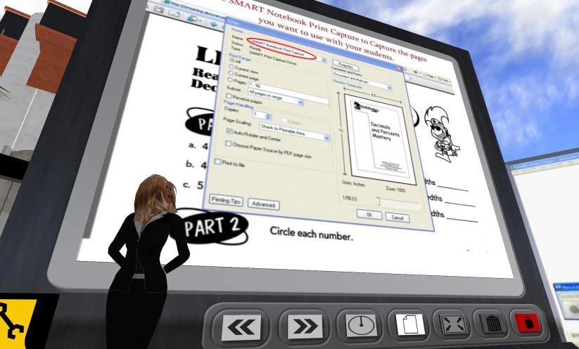 the woman is standing behind a computer screen displaying information
