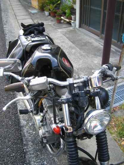 a motorcycle parked in front of a curb