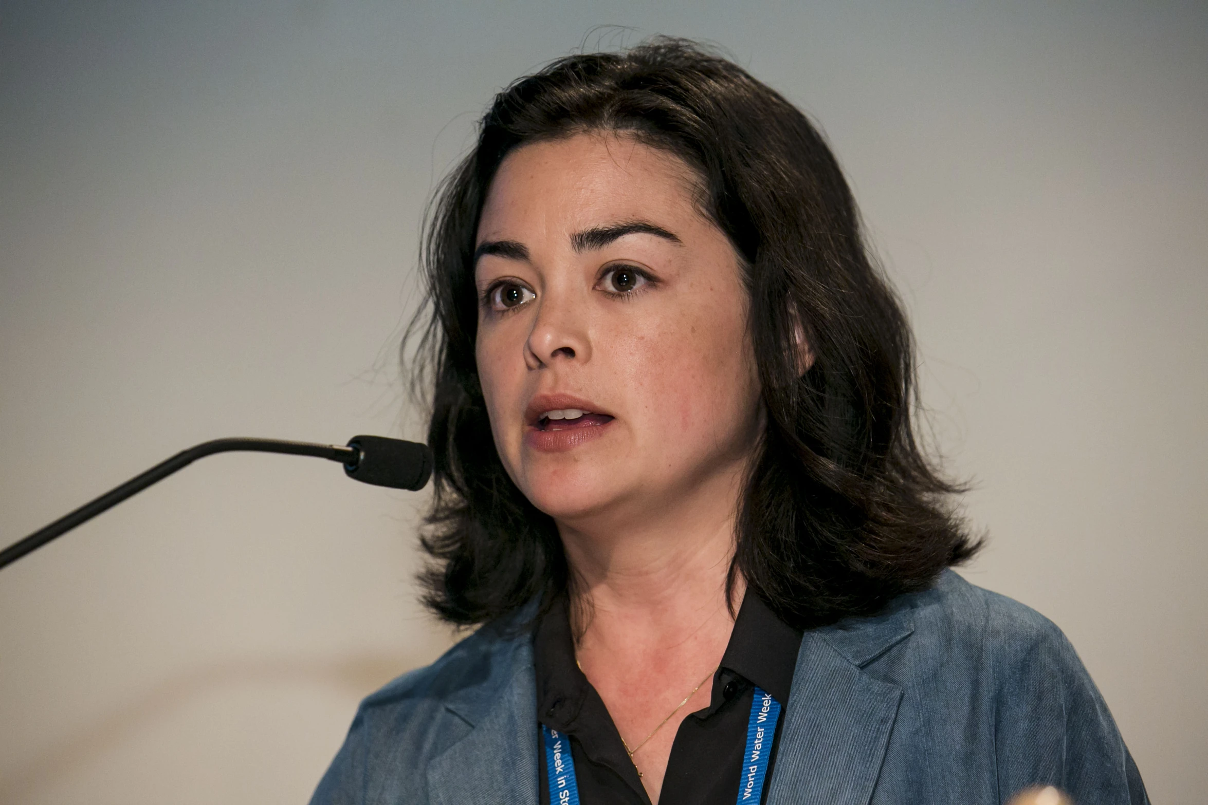 a woman standing at a podium with microphone