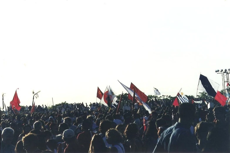 a crowd of people marching along the street with flags