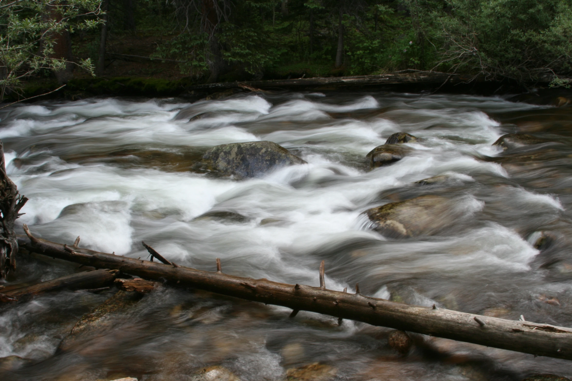 a river with many rapids, rocks, and a log