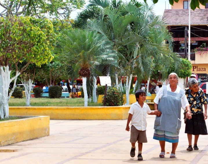 a group of people walking on a brick paved pathway