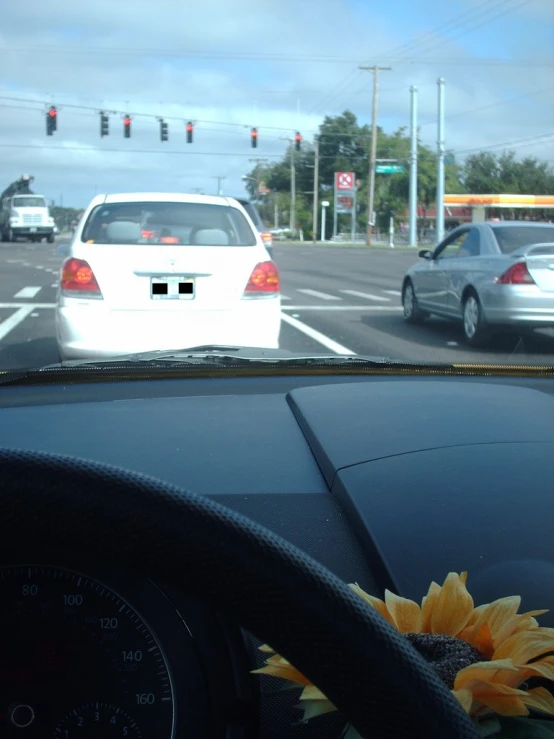 a vehicle drives on a road while sunflowers sit on the windshield