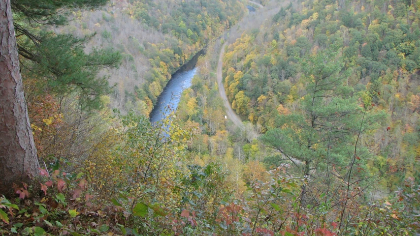 a scenic view from a overlook overlooking a river in the fall