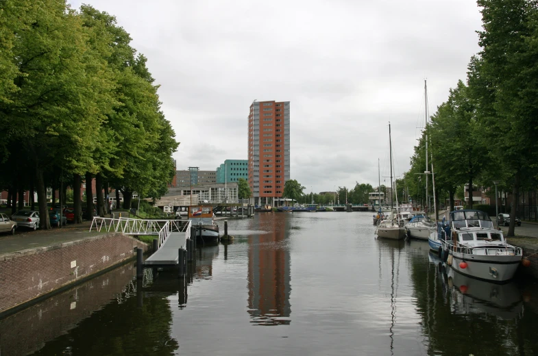 boats are lined up along a river with tall buildings