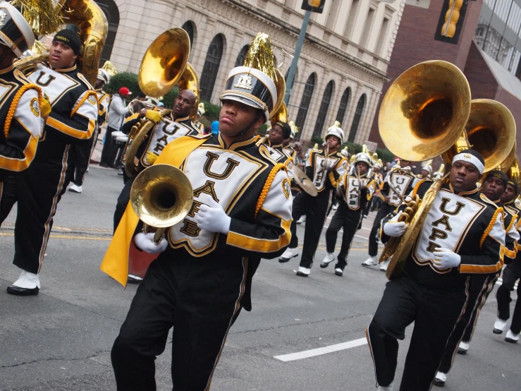 marching bands from a marching team in a parade