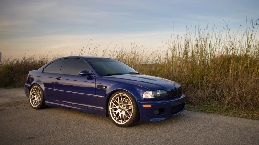 a blue car is parked on a street near tall grass