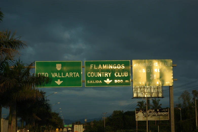 street signs and traffic lights near the highway