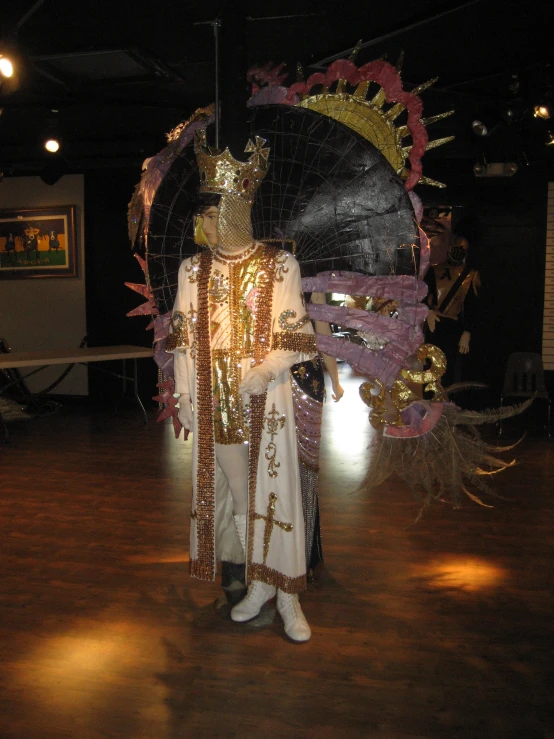 the performer wears an elaborate costume at a performance