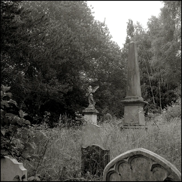 a statue sits in the middle of a field