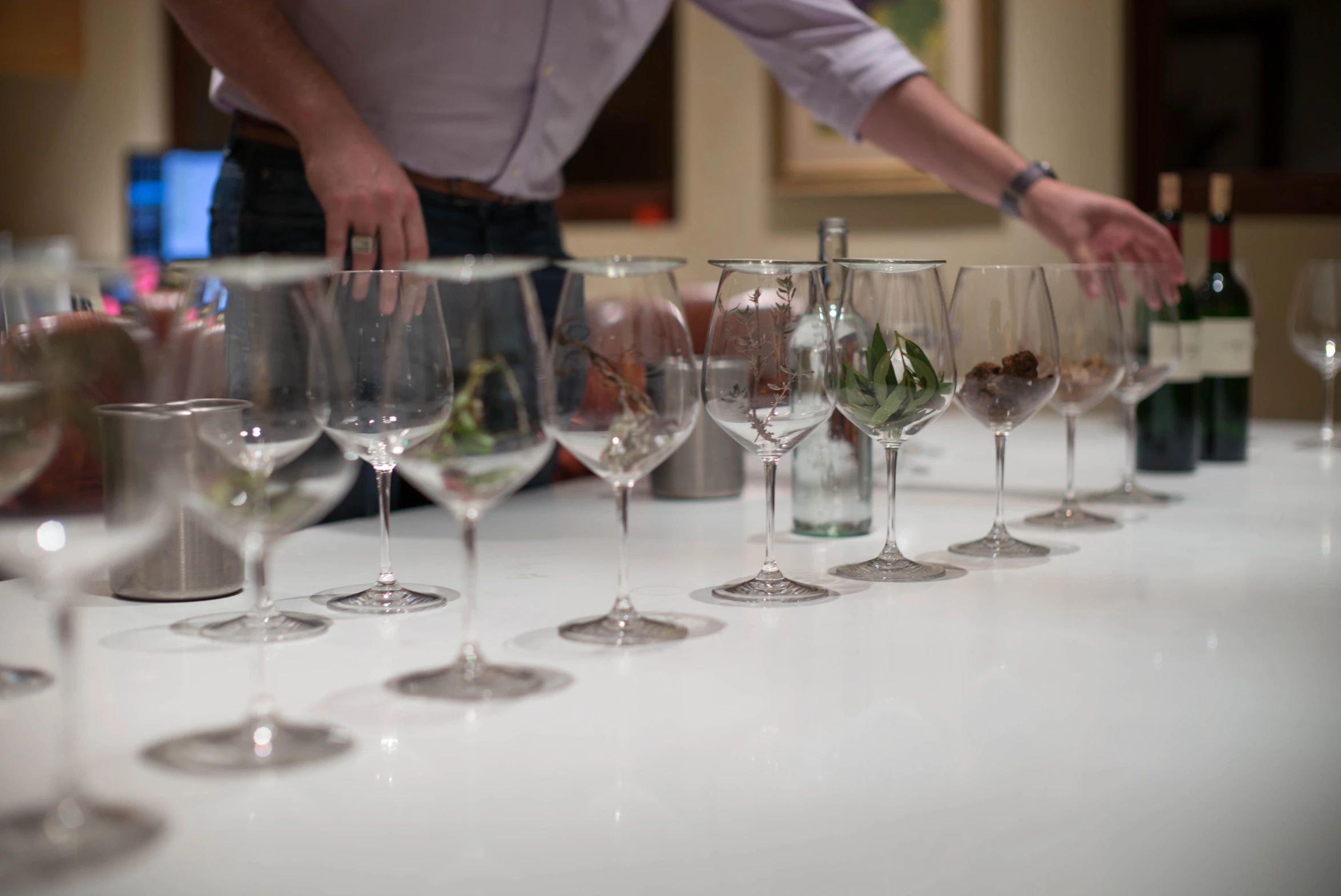 wine glasses and bottles on a table, the wines being displayed