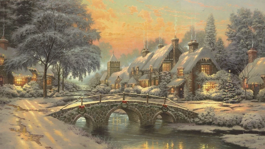 a painting of a snowy day at a small village