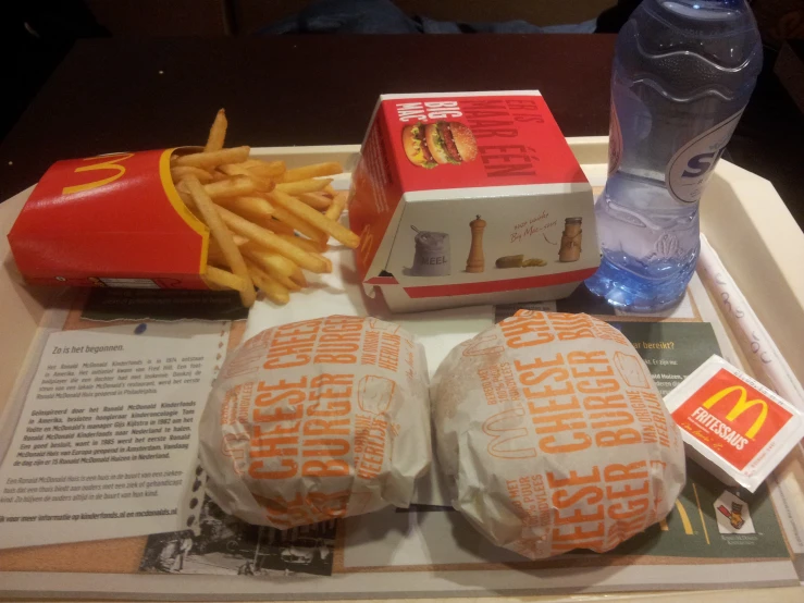 a tray holds french fries, wrapped burgers and a  dog