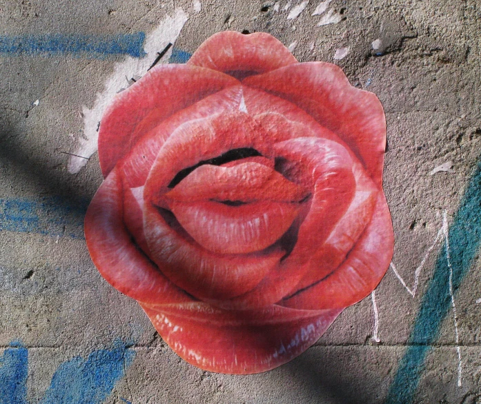 a painted object that looks like a rose sitting in the sand