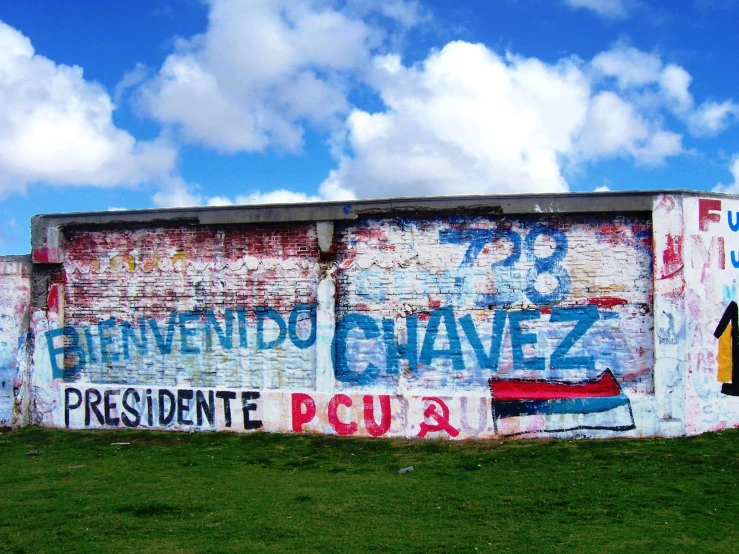 a very old graffiti covered wall is on the green grass