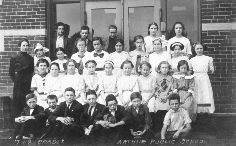 an old black and white po with people on the front steps