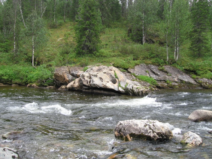 an image of rocks in the river that is flowing