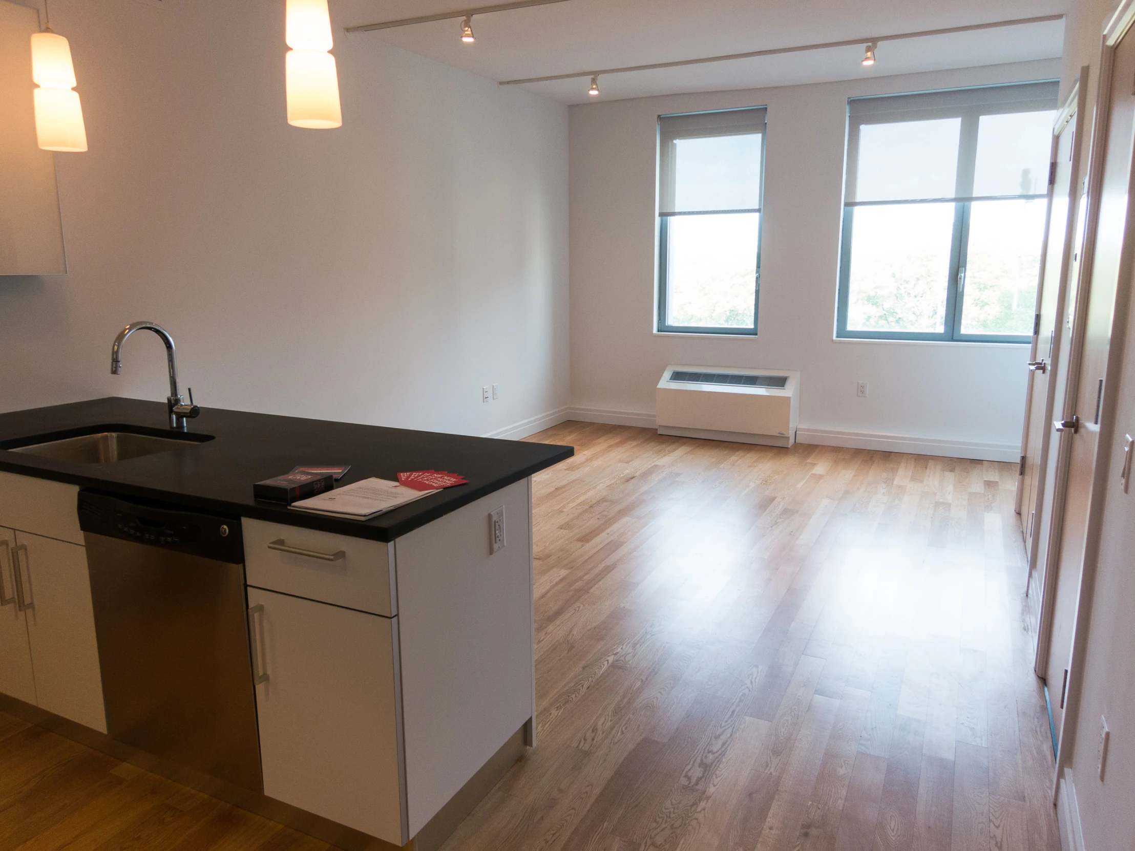 an empty, clean apartment with hard wood flooring and black counter top