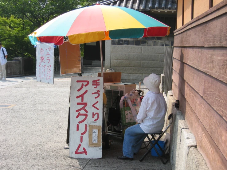an outdoor kiosk with a umbrella and woman in a white coat