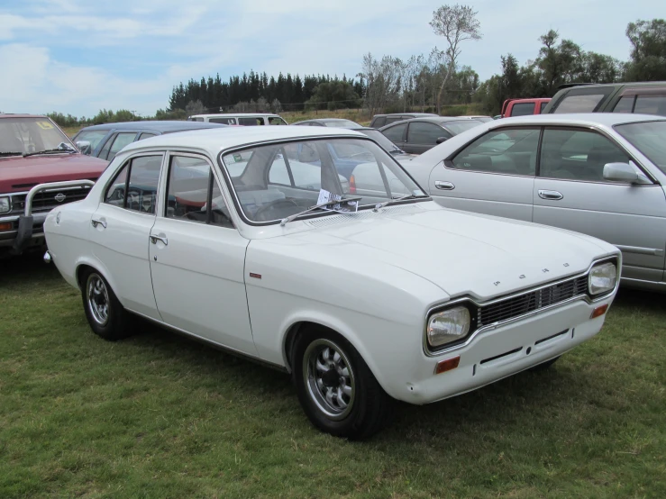 two white cars parked on the grass near other cars