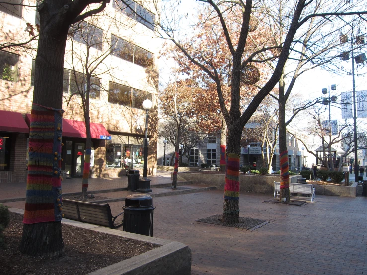 a park with trees in the center with benches on each side