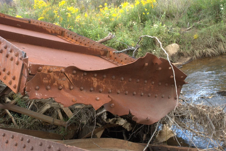 rusted metal parts next to a stream with wildflowers