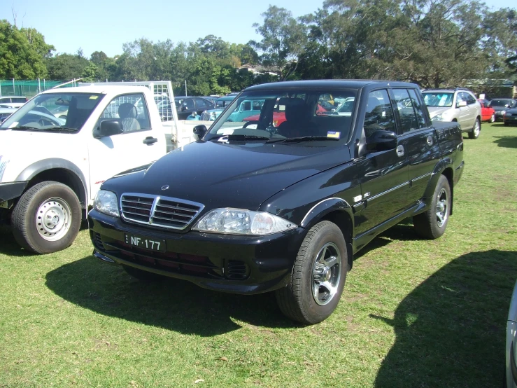 a black car parked next to a white truck on a green field