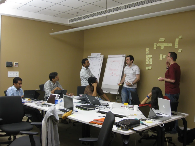 several men are gathered around a table looking at soing on the wall