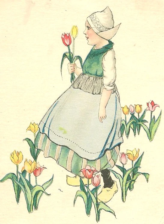 an old card with a picture of a little girl smelling flowers