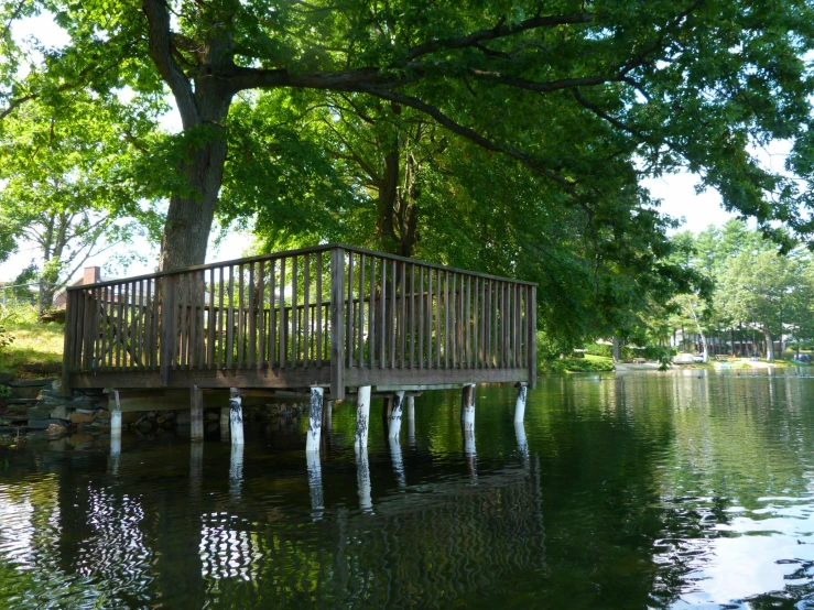 a small wooden bridge sitting next to trees in a lake