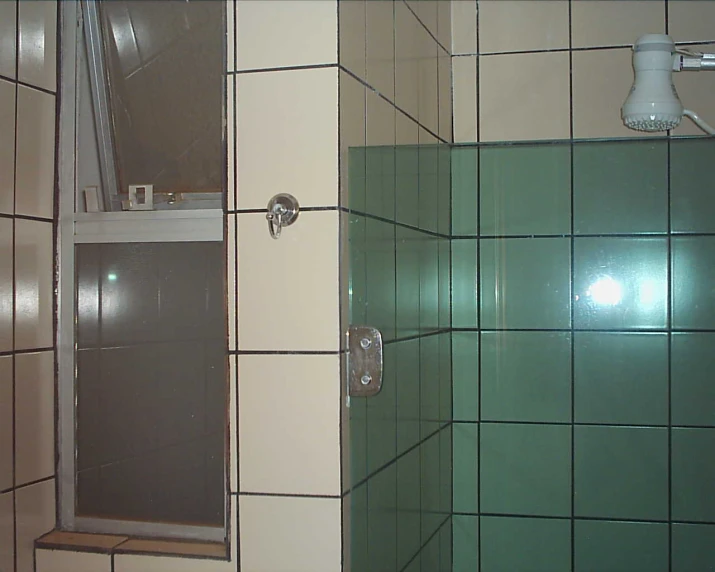 an open shower stall in a tiled bathroom