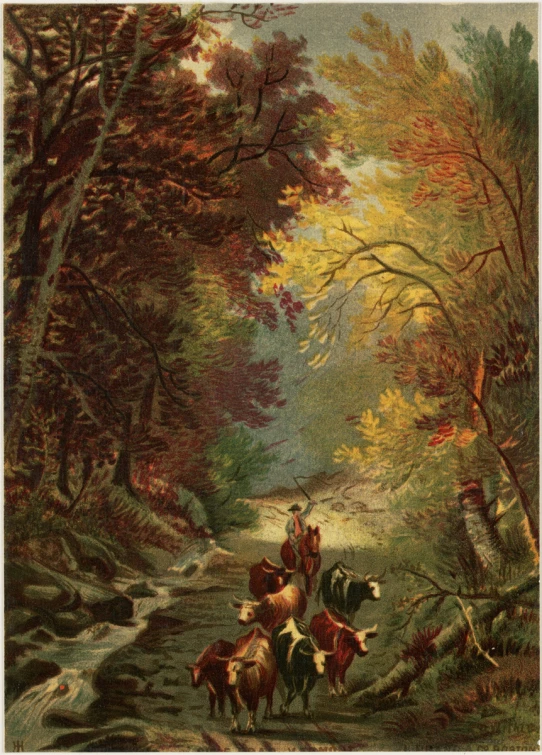 a painting of two men riding cattle in a forest