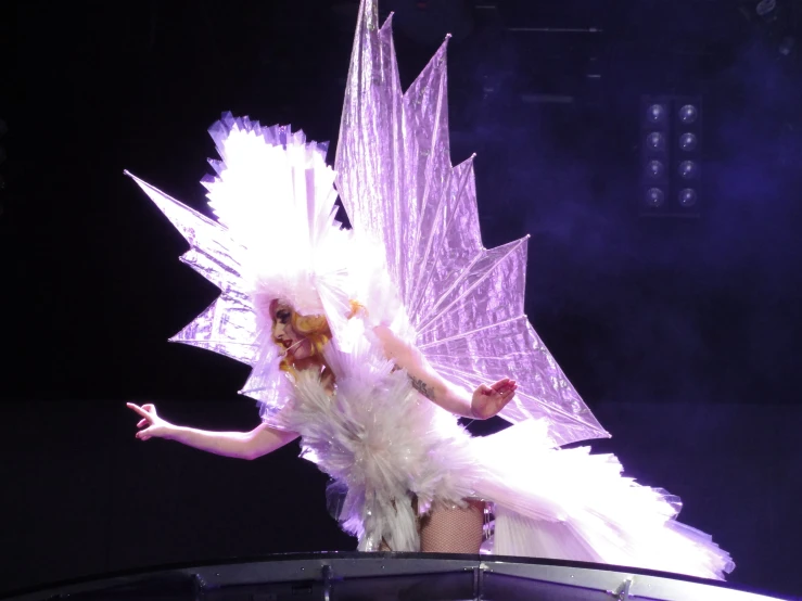 a woman dressed up in fairy wings is performing