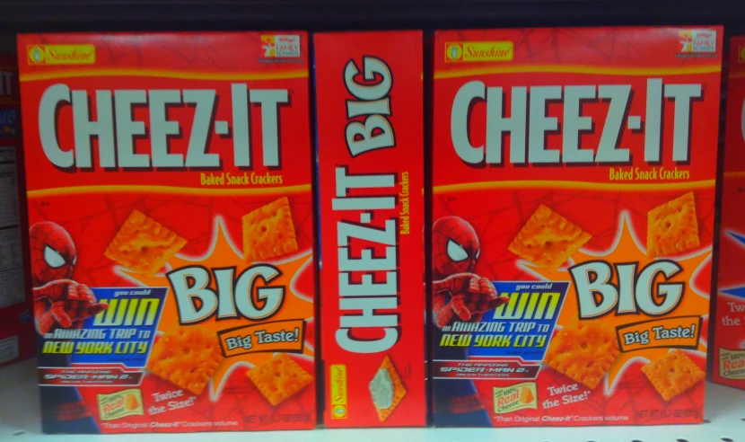 two boxes of cheezit cheezit big corn ers are on display