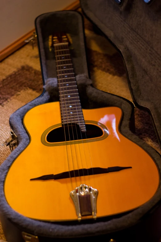 an open guitar case with a very nice looking guitar