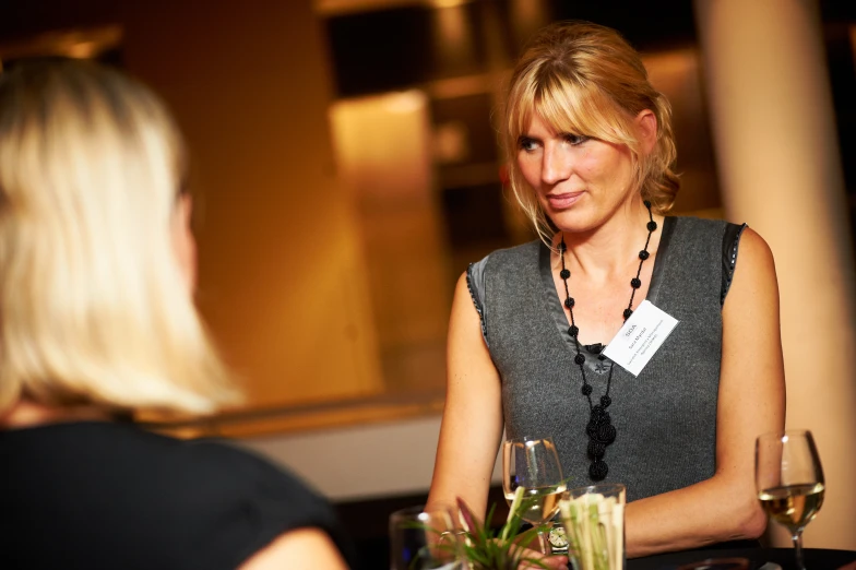 a woman talking with another woman at a dinner