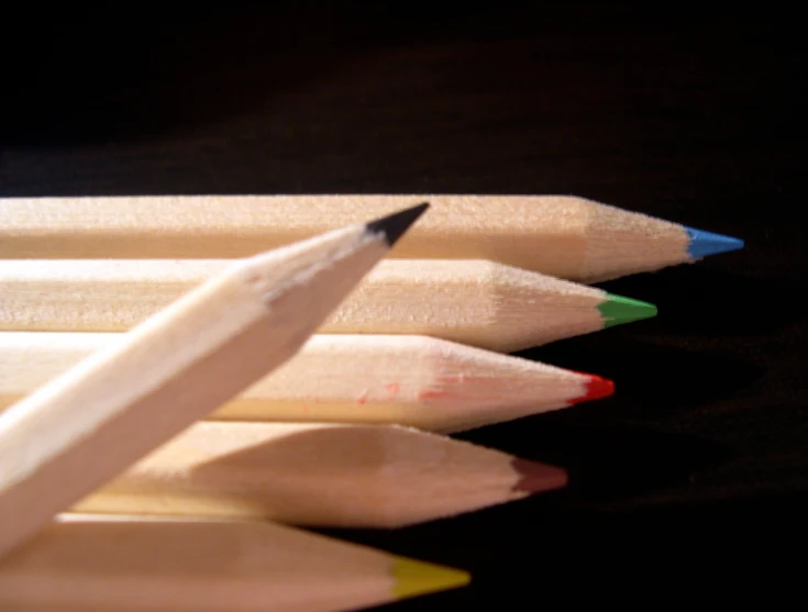 the pencils are sitting in a row together