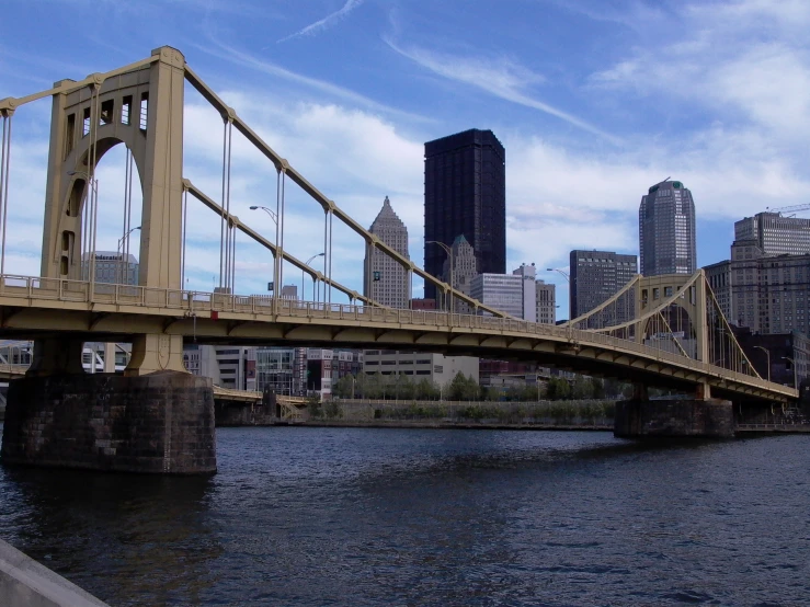 a suspension bridge going across a large body of water