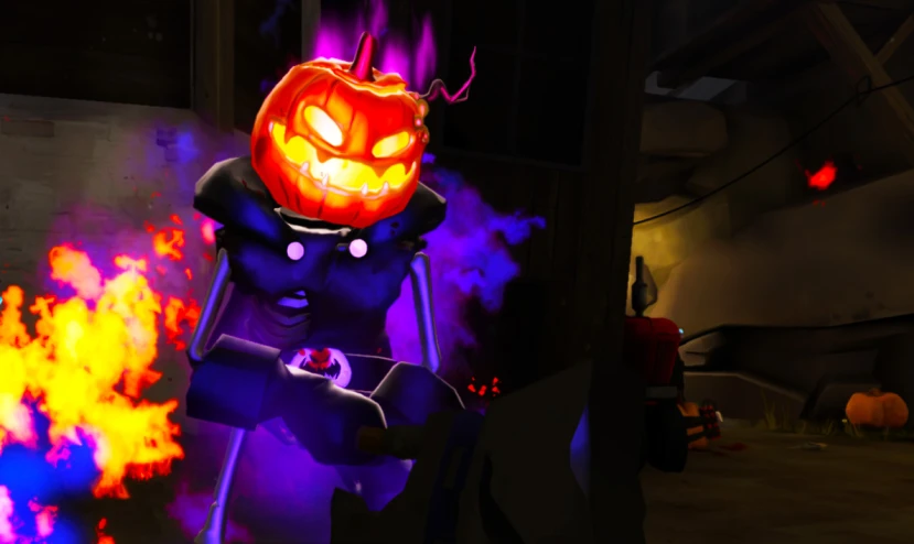 a person in halloween attire next to fire with an orange lit pumpkin