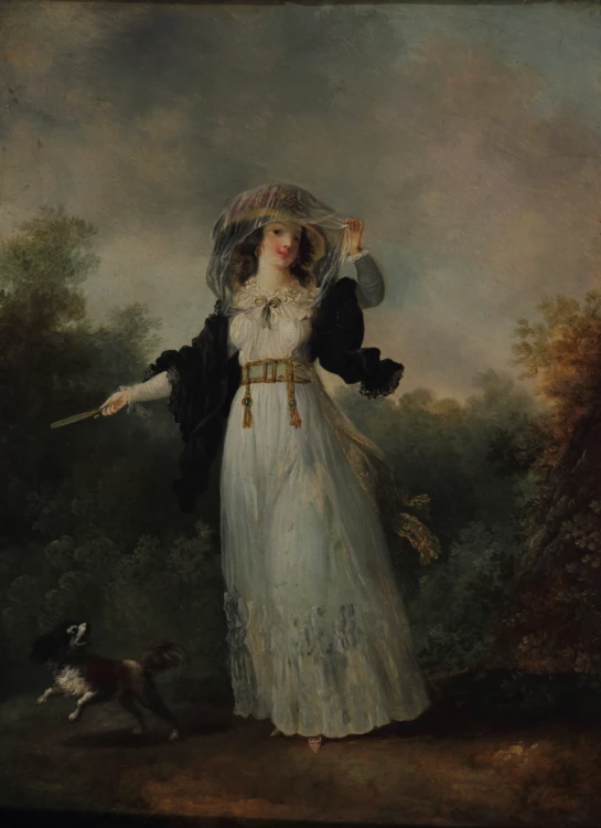 a painting shows a young lady in the rain with her dog