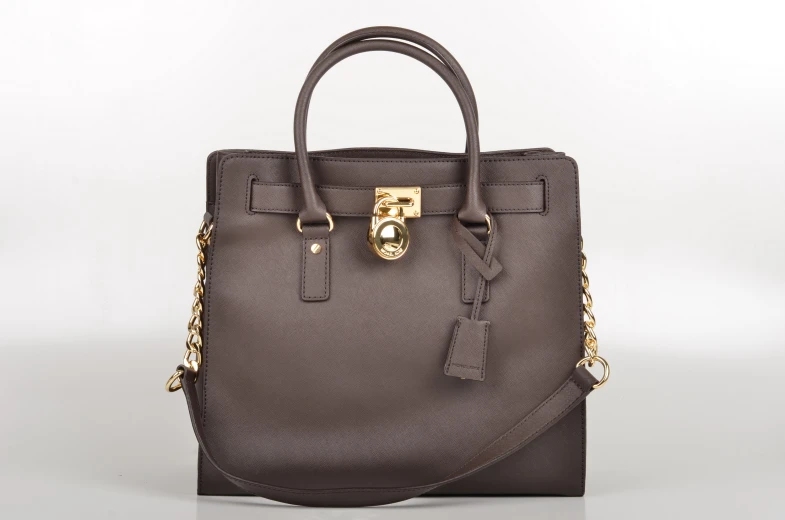 a small brown handbag with chain handles and gold clasp