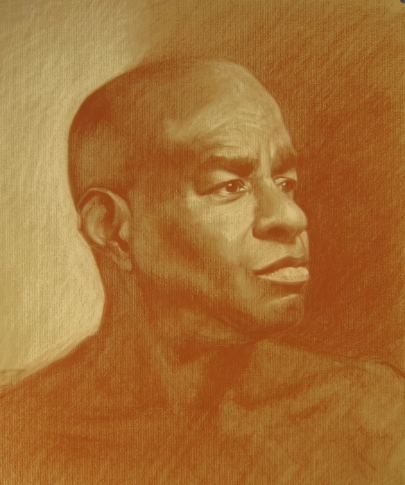 a painting shows a man's head in brown tones