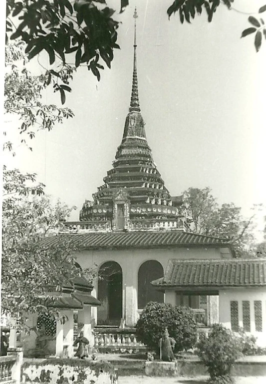 a large tall pagoda surrounded by trees and bushes