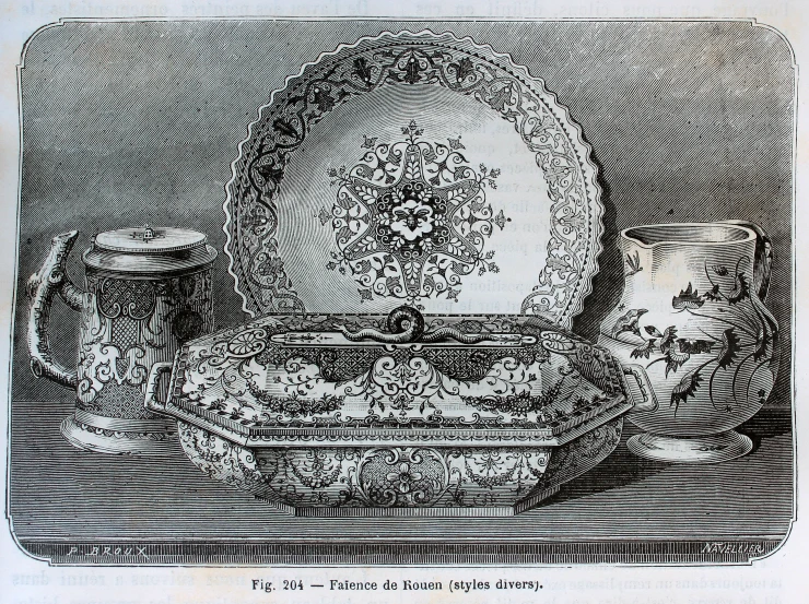 an old engraved drawing with a cat in it