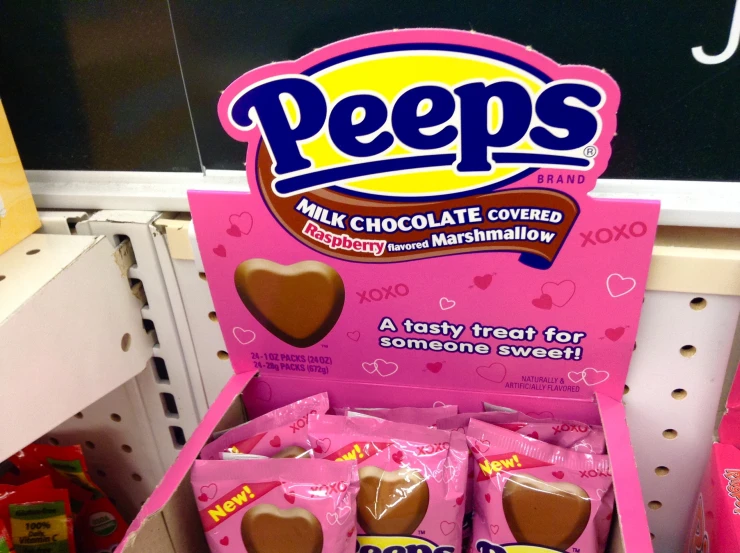 peeps heart shaped candy candies on a store shelf