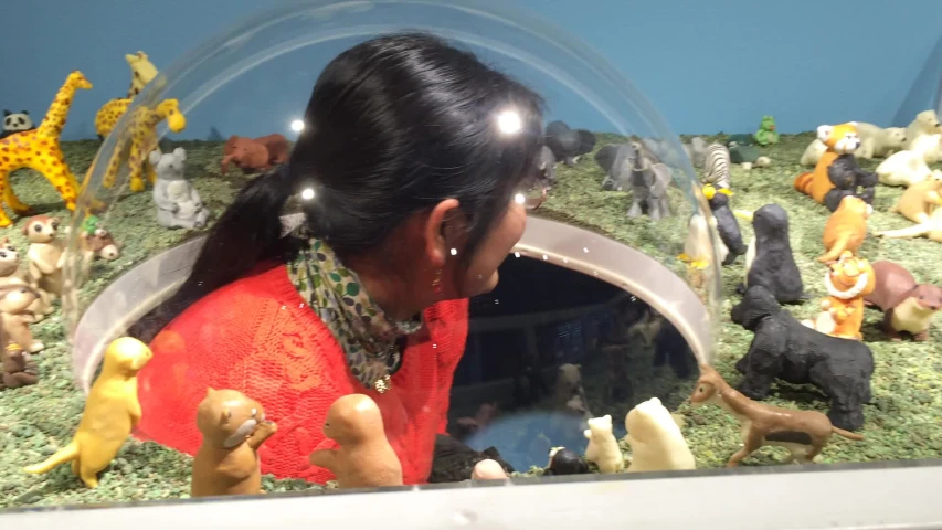 a woman looking at plastic animals in a toy aquarium
