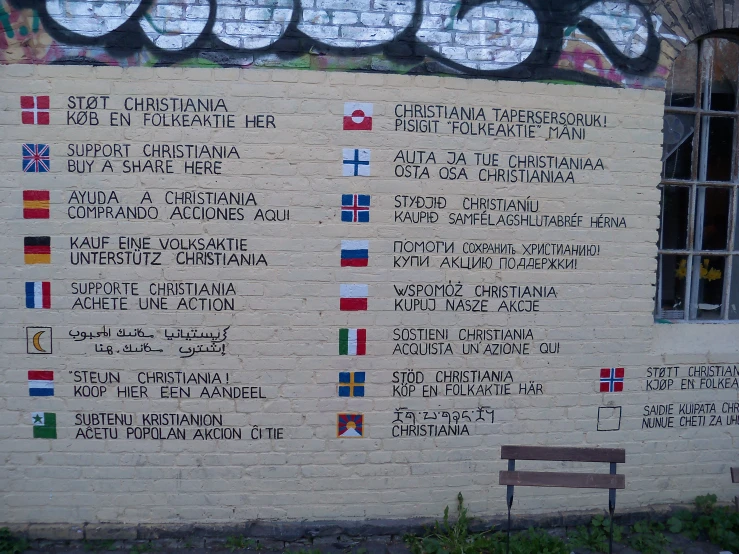 a white brick wall with a row of different flags on it