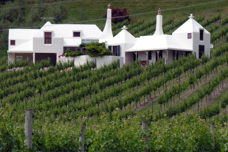 several house type structures are in a lush green field