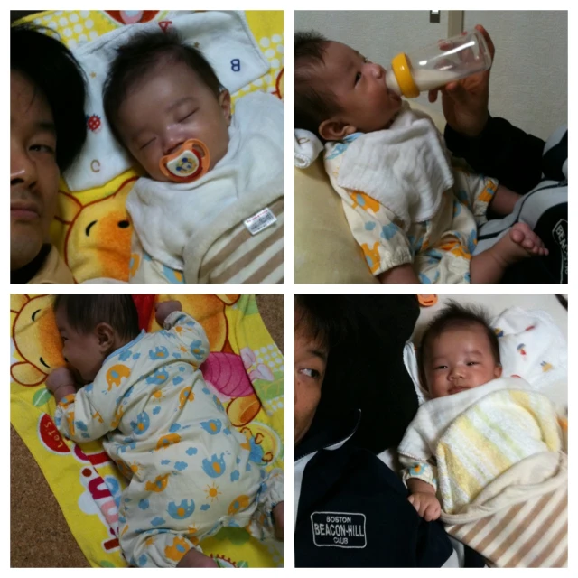 a collage of baby pictures shows a young asian man holding a sleeping baby