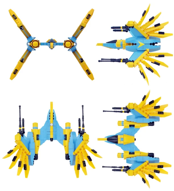 a lego set is painted bright yellow and blue